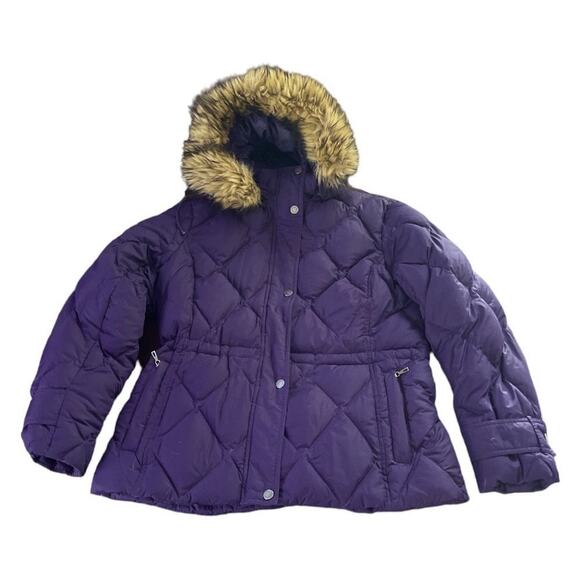 Lands’ End Faux Fur Hooded Puffer Jacket Purple Size Medium 10/12
